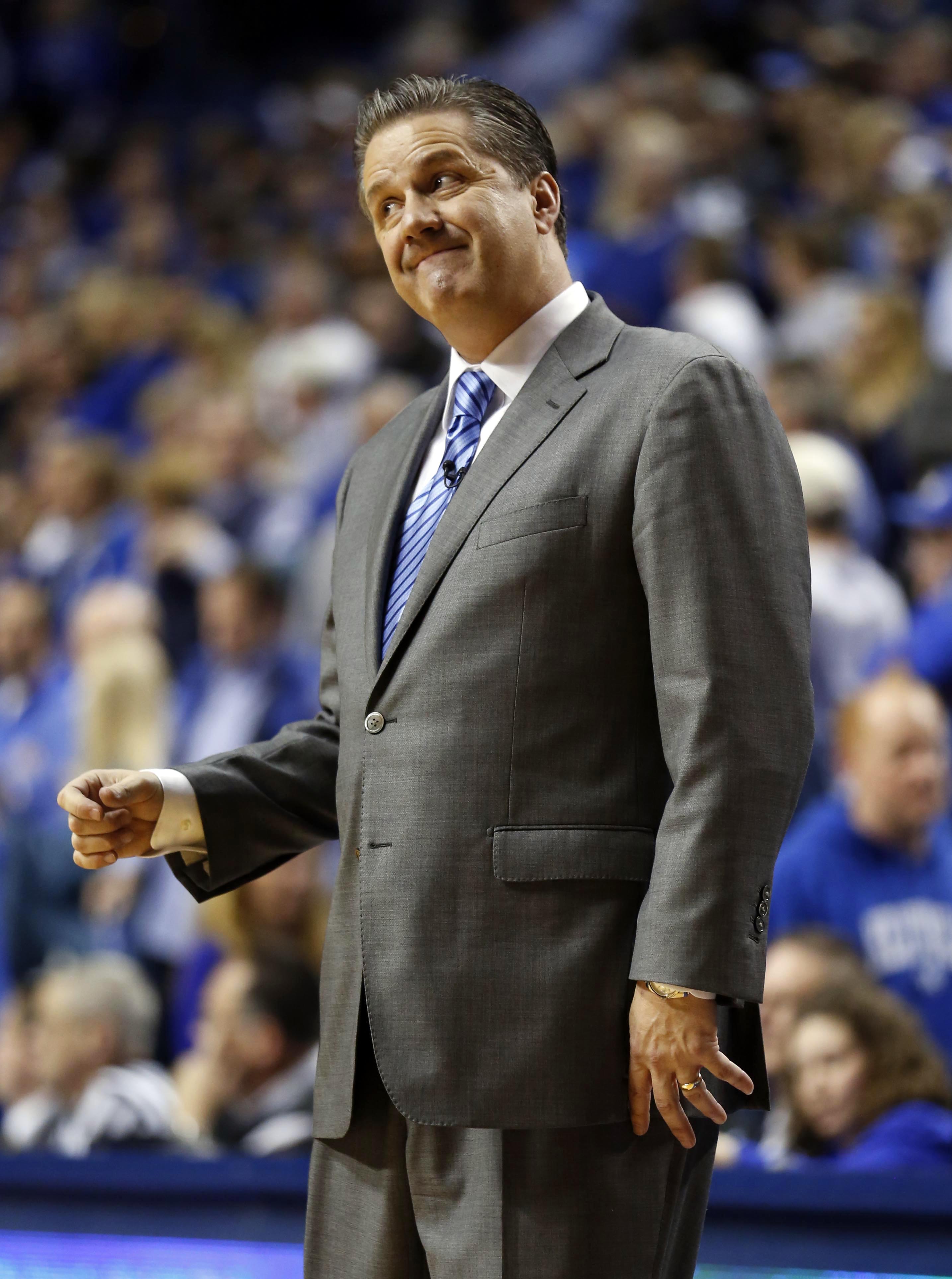 Jan 20, 2015; Lexington, KY, USA; Kentucky Wildcats head coach John Calipari reacts to a play during the game against the Vanderbilt Commodores in the second half at Rupp Arena. The Kentucky Wildcats defeated the Vanderbilt Commodores 65-57. Mandatory Credit: Mark Zerof-USA TODAY Sports