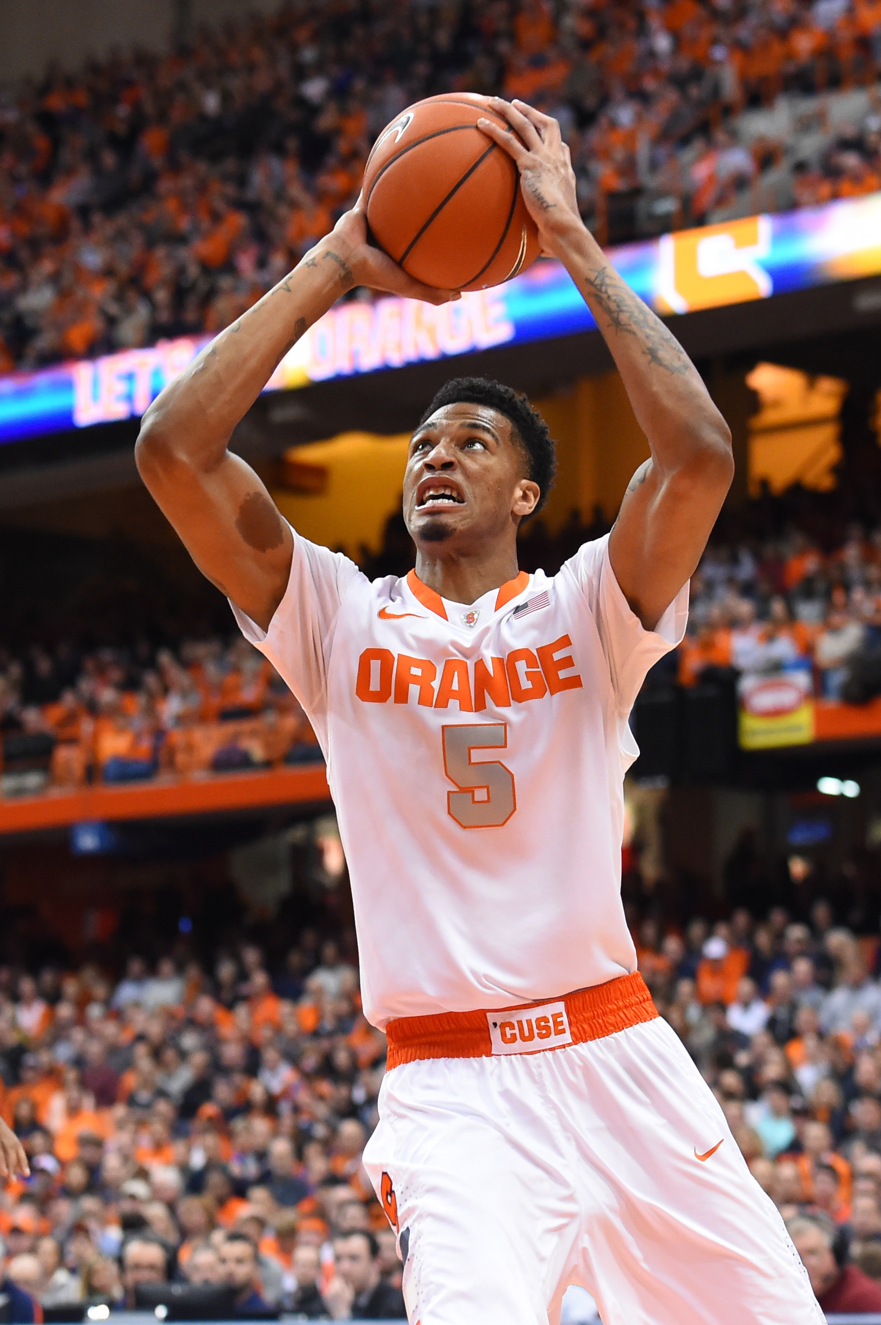 Jan 11, 2015; Syracuse, NY, USA; Syracuse Orange forward Chris McCullough (5) shoots the ball against the Florida State Seminoles during the first half at the Carrier Dome.  Syracuse defeated Florida State 70-57.  Mandatory Credit: Rich Barnes-USA TODAY Sports