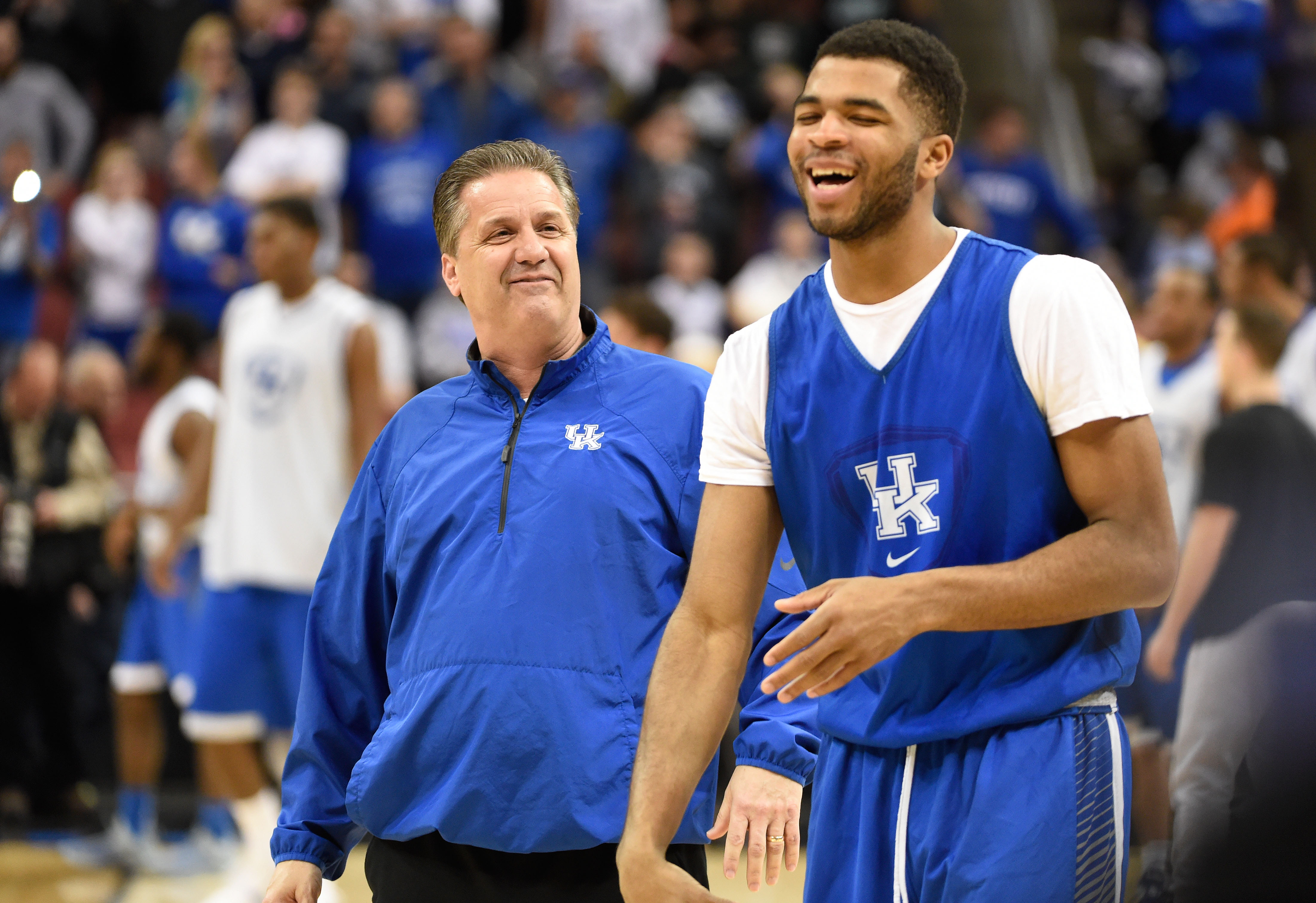 Mar 18, 2015; Louisville, KY, USA; Kentucky Wildcats head coach John Calipari talks to Kentucky Wildcats guard Andrew Harrison (5) during practice before the second round of the 2015 NCAA Tournament at KFC Yum! Center. Mandatory Credit: Jamie Rhodes-USA TODAY Sports