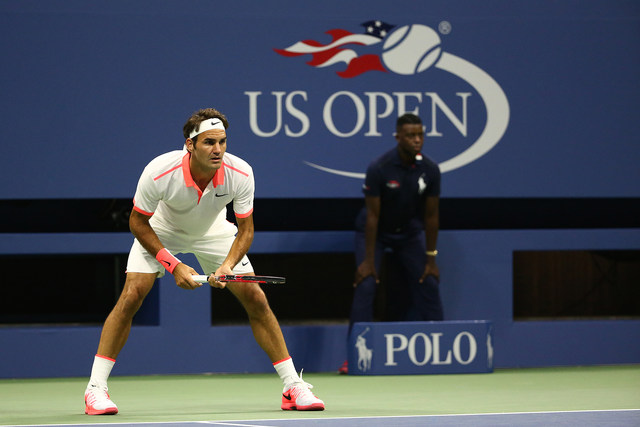 September 3, 2015 - Roger Federer in action in a men's singles second-round match against Steve Darcis during the 2015 US Open at the USTA Billie Jean King National Tennis Center in Flushing, NY. (USTA/Ned Dishman)