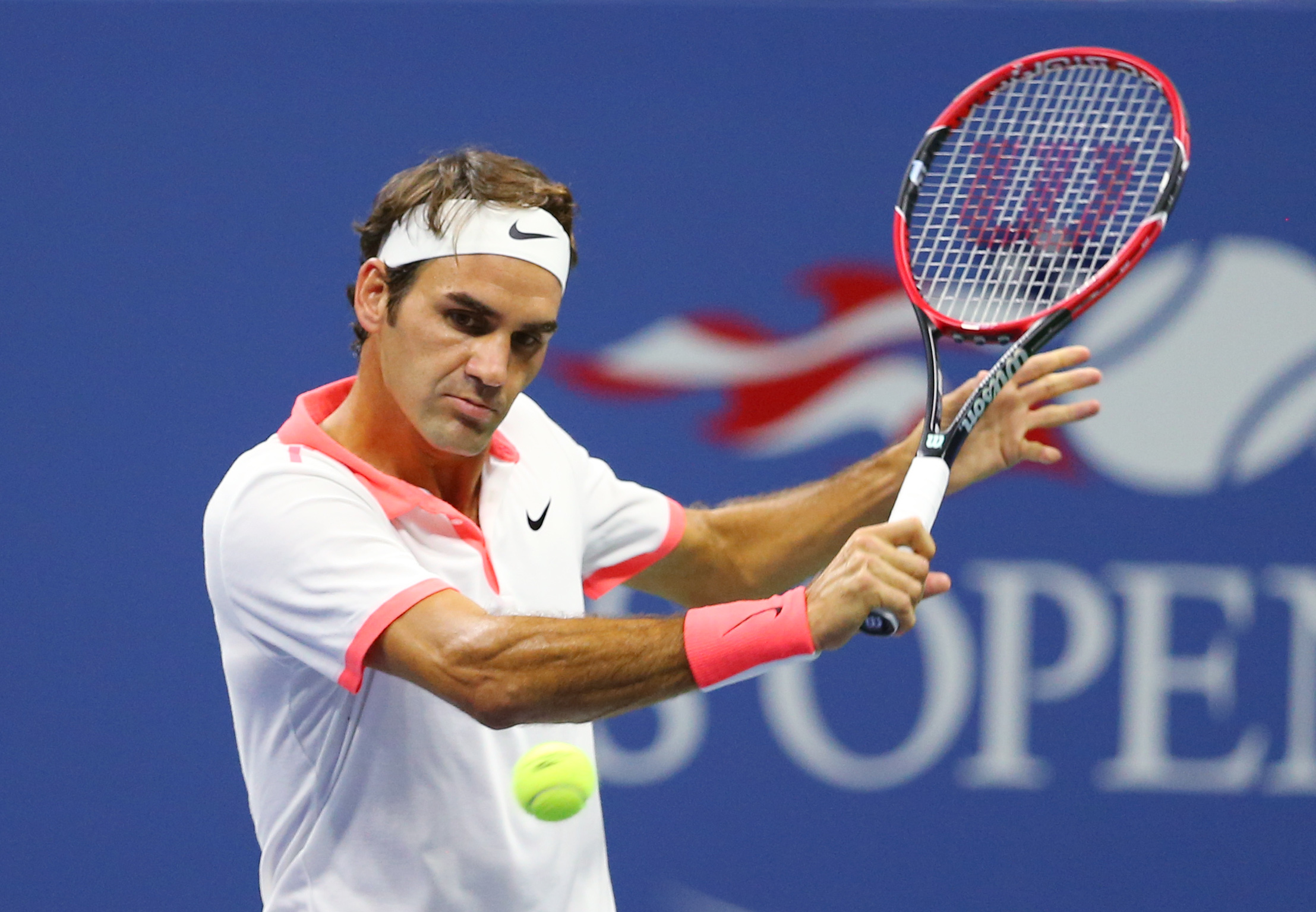 Sep 9, 2015; New York, NY, USA; Roger Federer of Switzerland returns a shot to Richard Gasquet of France on day ten of the 2015 U.S. Open tennis tournament at USTA Billie Jean King National Tennis Center. Mandatory Credit: Jerry Lai-USA TODAY Sports