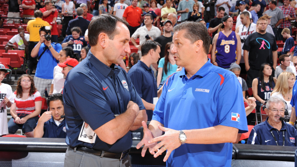 LAS VEGAS, NV - JULY 12: Head Coach Mike Krzyzewski of the US Men's Senior National Team chats with Head Coach John Calipari of the Dominican Republic Senior Men's National Team during an exhibition game at the Thomas and Mack Center on July 12, 2012 in Las Vegas, Nevada. NOTE TO USER: User expressly acknowledges and agrees that, by downloading and/or using this Photograph, user is consenting to the terms and conditions of the Getty Images License Agreement. Mandatory Copyright Notice: Copyright 2012 NBAE (Photo by Andrew D. Bernstein/NBAE via Getty Images)