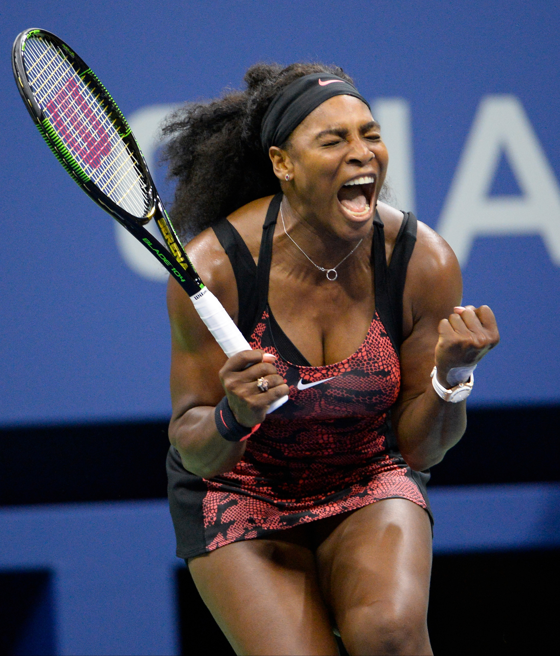 Sep 4, 2015; New York, NY, USA; Serena Williams of the USA reacts after breaking the serve of Bethanie Mattek-Sands of the USA (not pictured) in the second set on day five of the 2015 U.S. Open tennis tournament at USTA Billie Jean King National Tennis Center. Mandatory Credit: Robert Deutsch-USA TODAY Sports