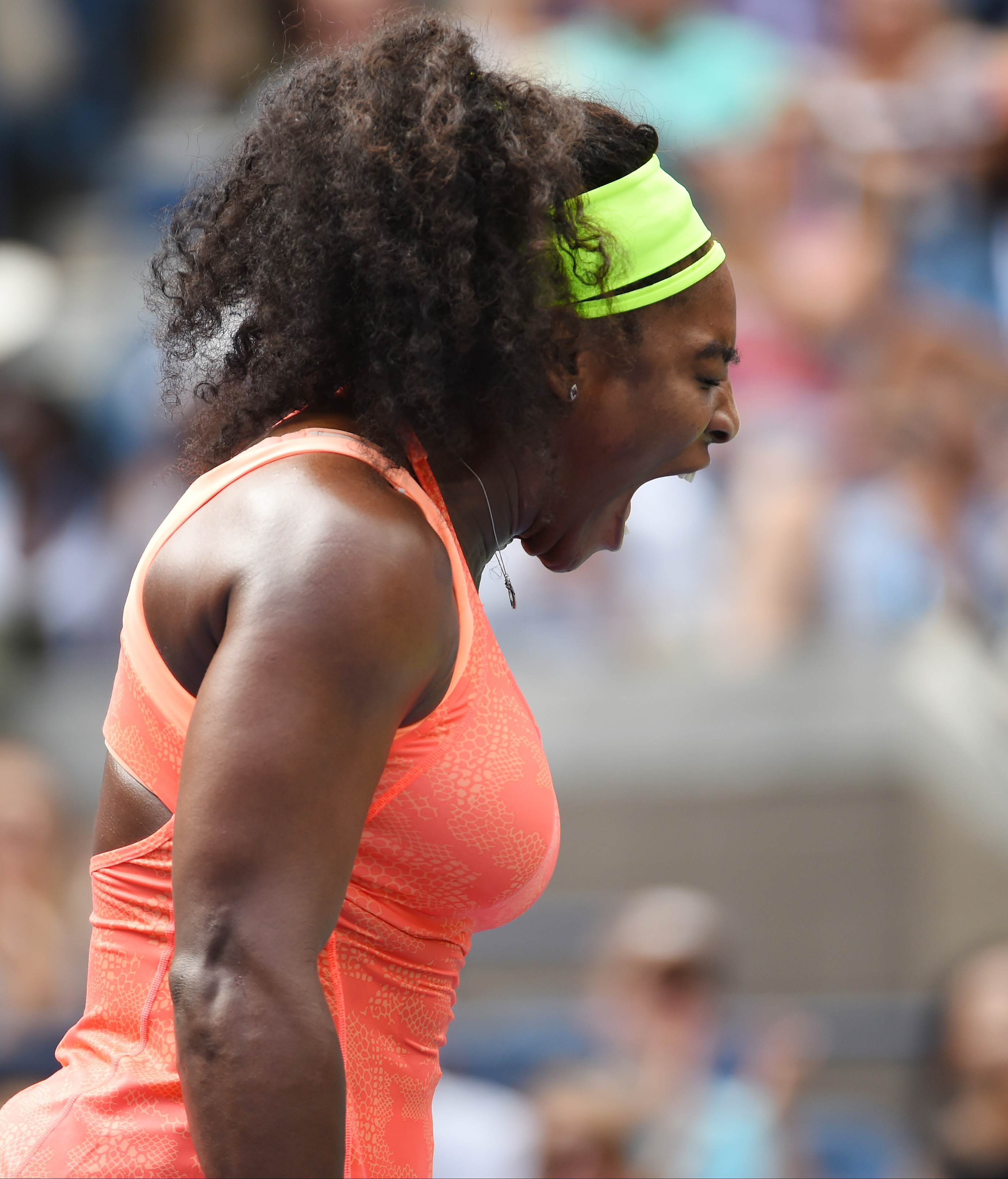 Sep 11, 2015; New York, NY, USA; Serena Williams of the USA reacts after a winner against Roberta Vinci of Italy on day twelve of the 2015 U.S. Open tennis tournament at USTA Billie Jean King National Tennis Center. Mandatory Credit: Robert Deutsch-USA TODAY Sports
