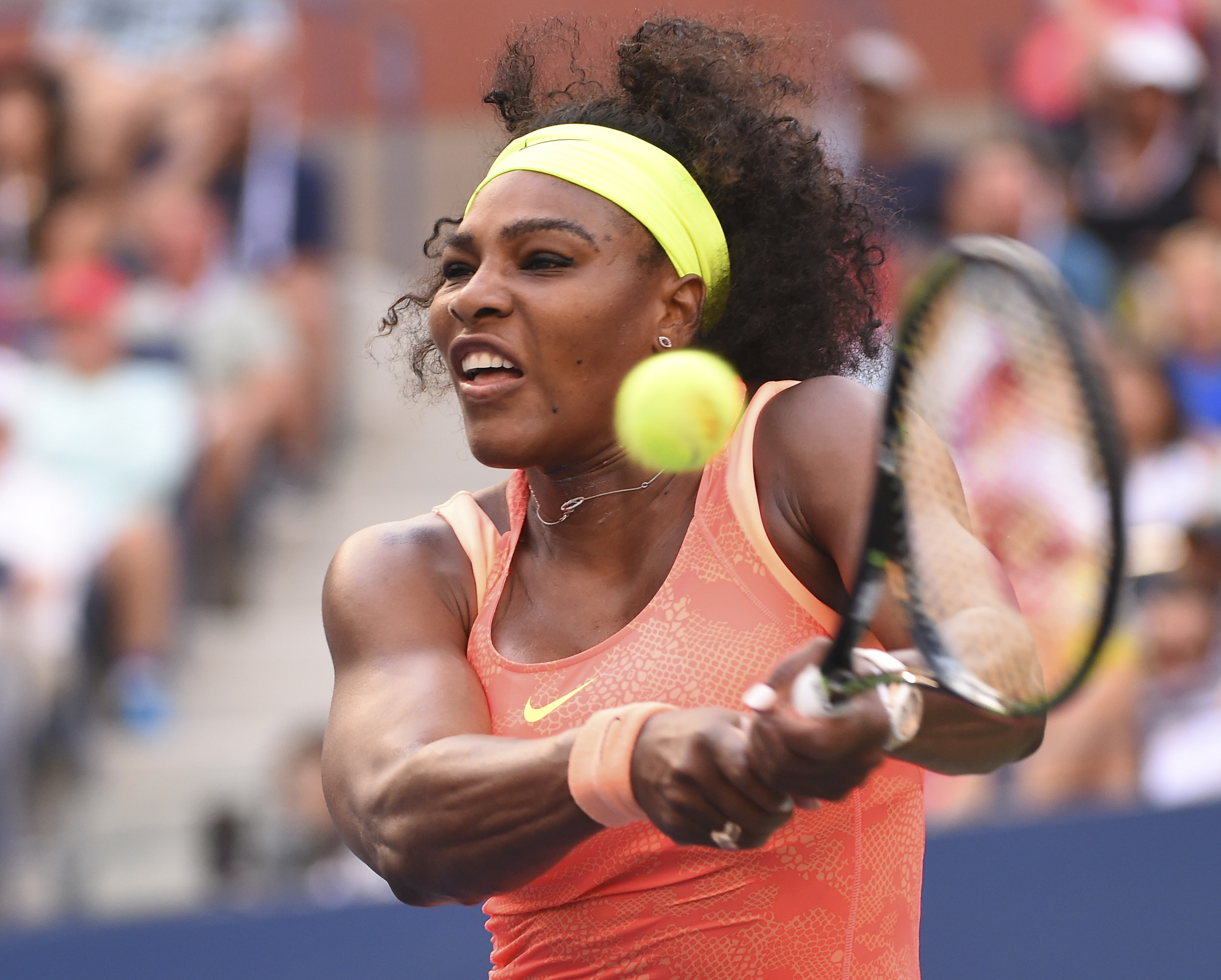 Sep 6, 2015; New York, NY, USA; Serena Williams of the USA hits to Madison Keys of the USA on day seven of the 2015 U.S. Open tennis tournament at USTA Billie Jean King National Tennis Center. Mandatory Credit: Robert Deutsch-USA TODAY Sports