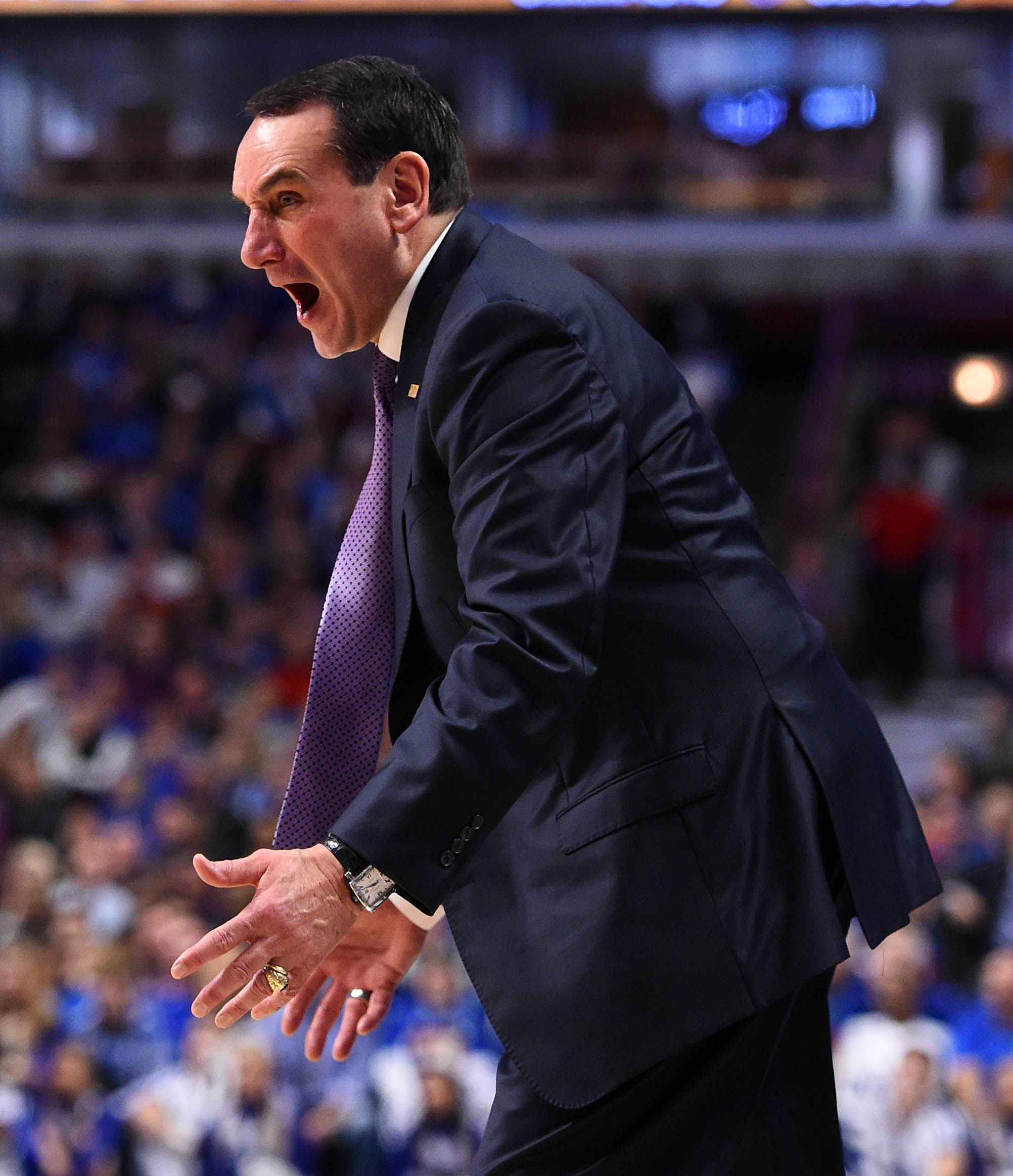 Nov 17, 2015; Chicago, IL, USA; Duke Blue Devils head coach Mike Krzyzewski reacts against the Kentucky Wildcats during the second half at United Center. Mandatory Credit: Mike DiNovo-USA TODAY Sports