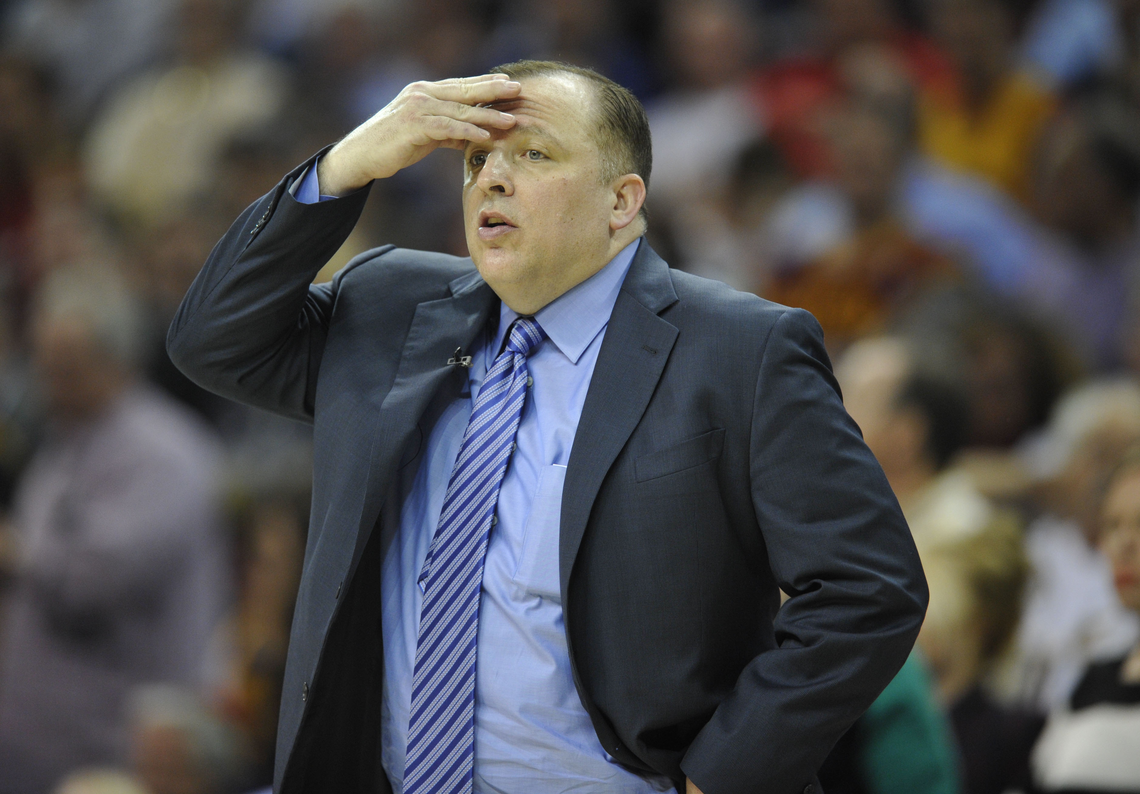May 12, 2015; Cleveland, OH, USA; Chicago Bulls head coach Tom Thibodeau reacts in the fourth quarter against the Cleveland Cavaliers in game five of the second round of the NBA Playoffs at Quicken Loans Arena. Mandatory Credit: David Richard-USA TODAY Sports