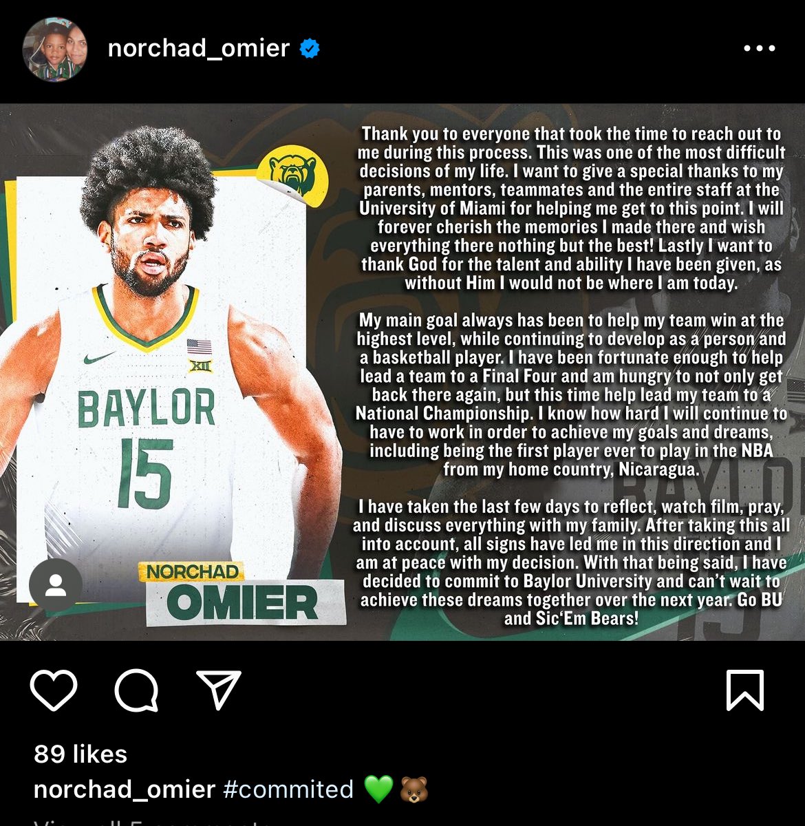 Baylor lands Miami transfer Norchad Omier